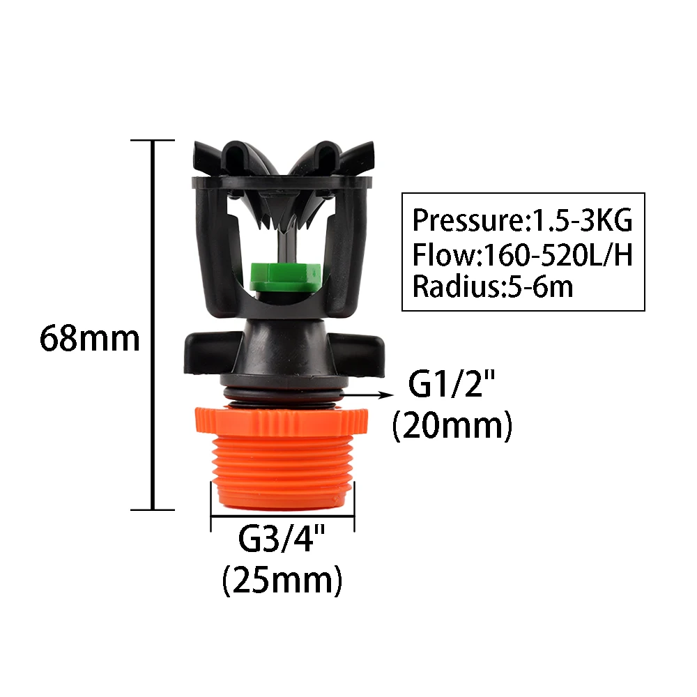 Garden Sprinkler 1/2" 3/4" Male Thread Automatic Rotating Sprinkler Scattering Nozzle 360 Degree for Garden Lawn Vegetable Planting
