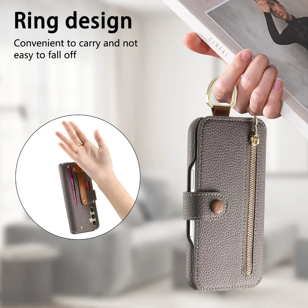 Card Holder Wallet Wrist Strap Ring Flip Phone Case