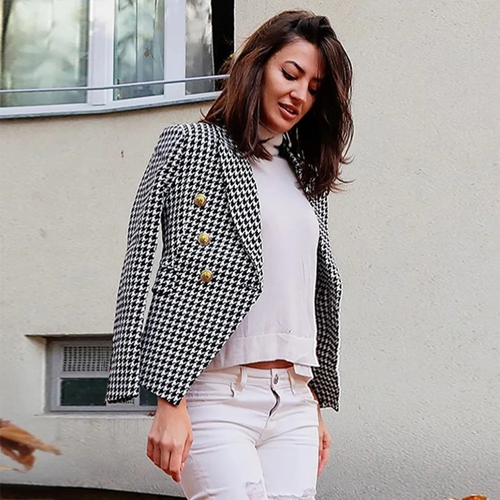 Office Wear Blazer for Women Solid Plaid Button Notched Suit Jacket Autumn Long Sleeves Korean Style Elegant Lady Blazers Coats