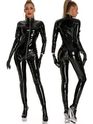 Wet Look PVC Catsuit Long Sleeve Two Way Zipper Open Crotch Bodysuit Shiny PU Leather Cosplay Bodystocking Jumpsuit Sexy Leotard
