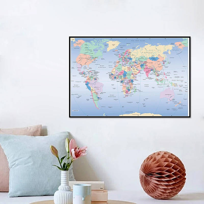 

90x60cm The World Map French Language Political Distribution Map Posters and Prints Canvas Painting Children Study Supplies