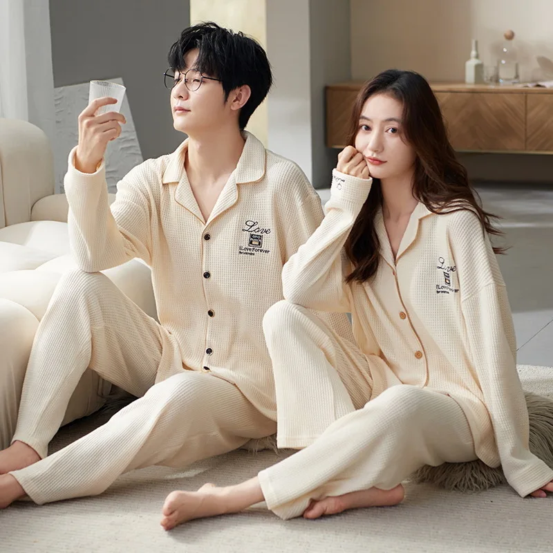 Cotton Pajamas Women's Sleepwear Autumn Cardigan Nightwear Men Home Wear Waffle Pjs Korean Fashion Home Clothes pyjama homme