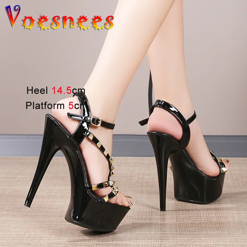 

New Patent Leather Narrow-band Sandals Plus Size Fashion Rivets Thick Platform High Heels 14.5CM Women's Summer Pole Dance Shoes