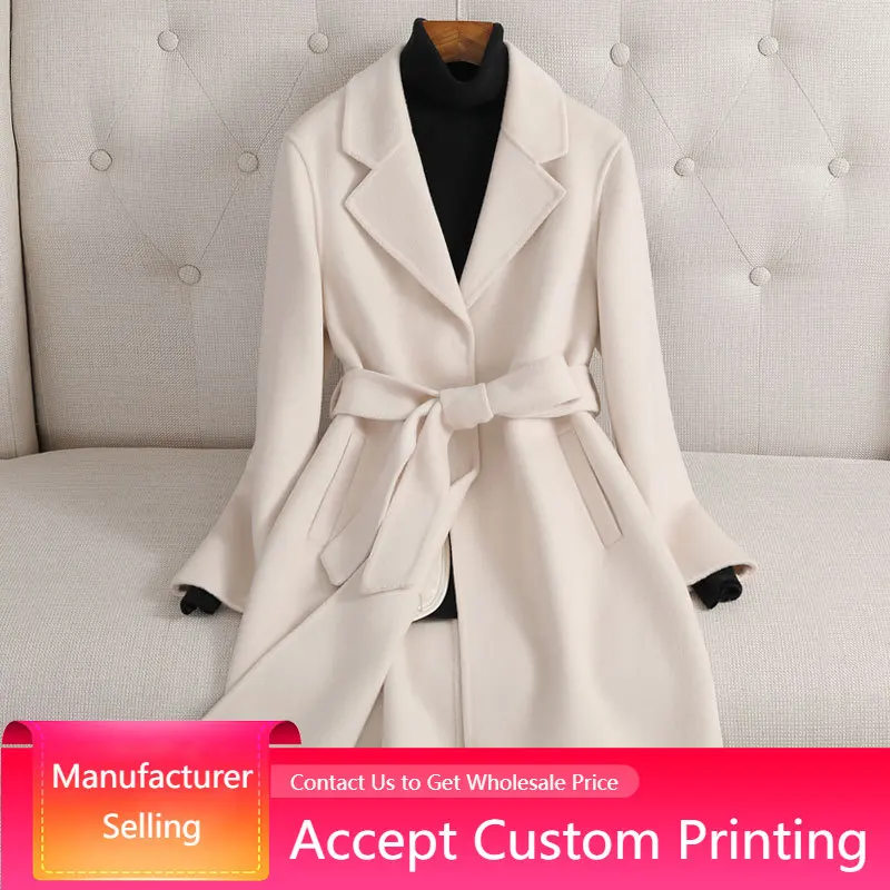 Women Woolen Coat Loose Long Trench Double-sided Cashmere Belted Wrap Outwear Lapel Collar Fall Winter Clothing Elegant
