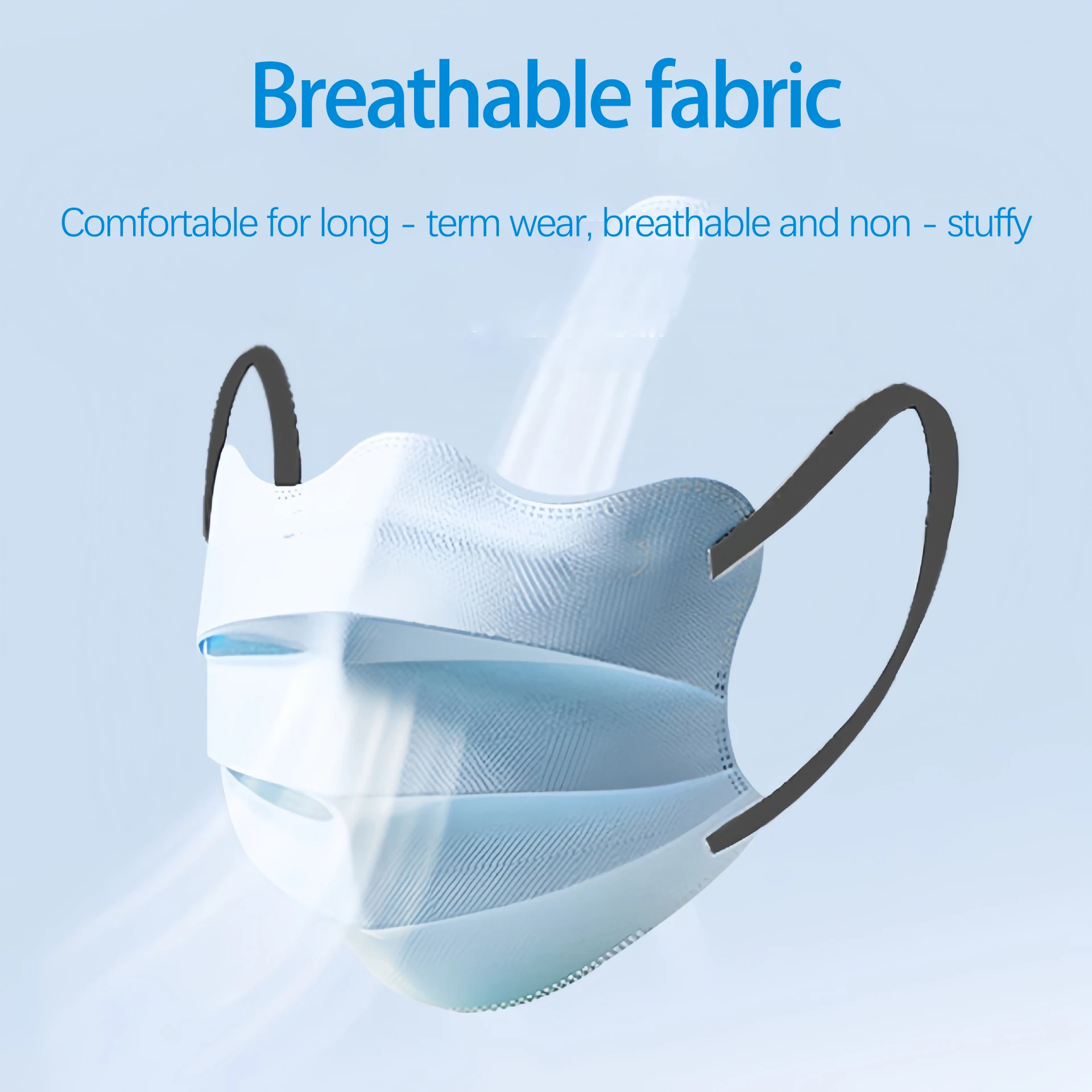 Masque bleu en tissu 3 couches avec oreilles, vu de face, sur fond neutre. Achetez Masque Réutilisable en Tissu 3 Couches - Lot de 6 Couleurs pour un style sûr.