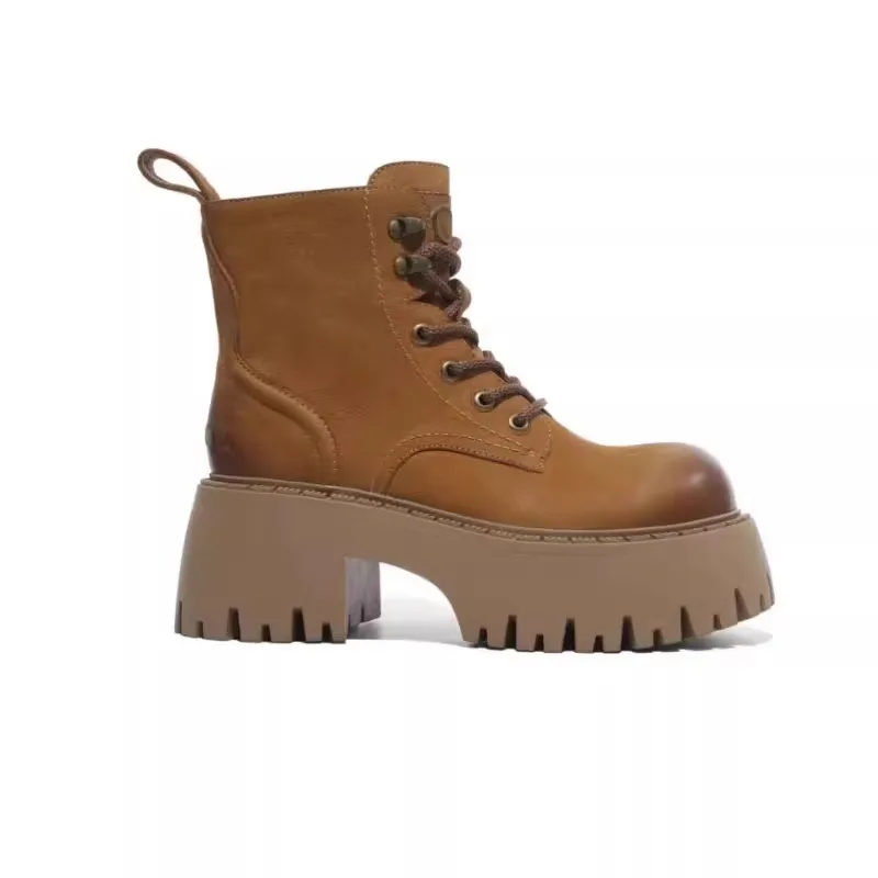 

Solid Color High Heel Motorcycle Boot for Women Autumn Winter Lace-up British Platform Work Boots Women Fashion Casual Shoes