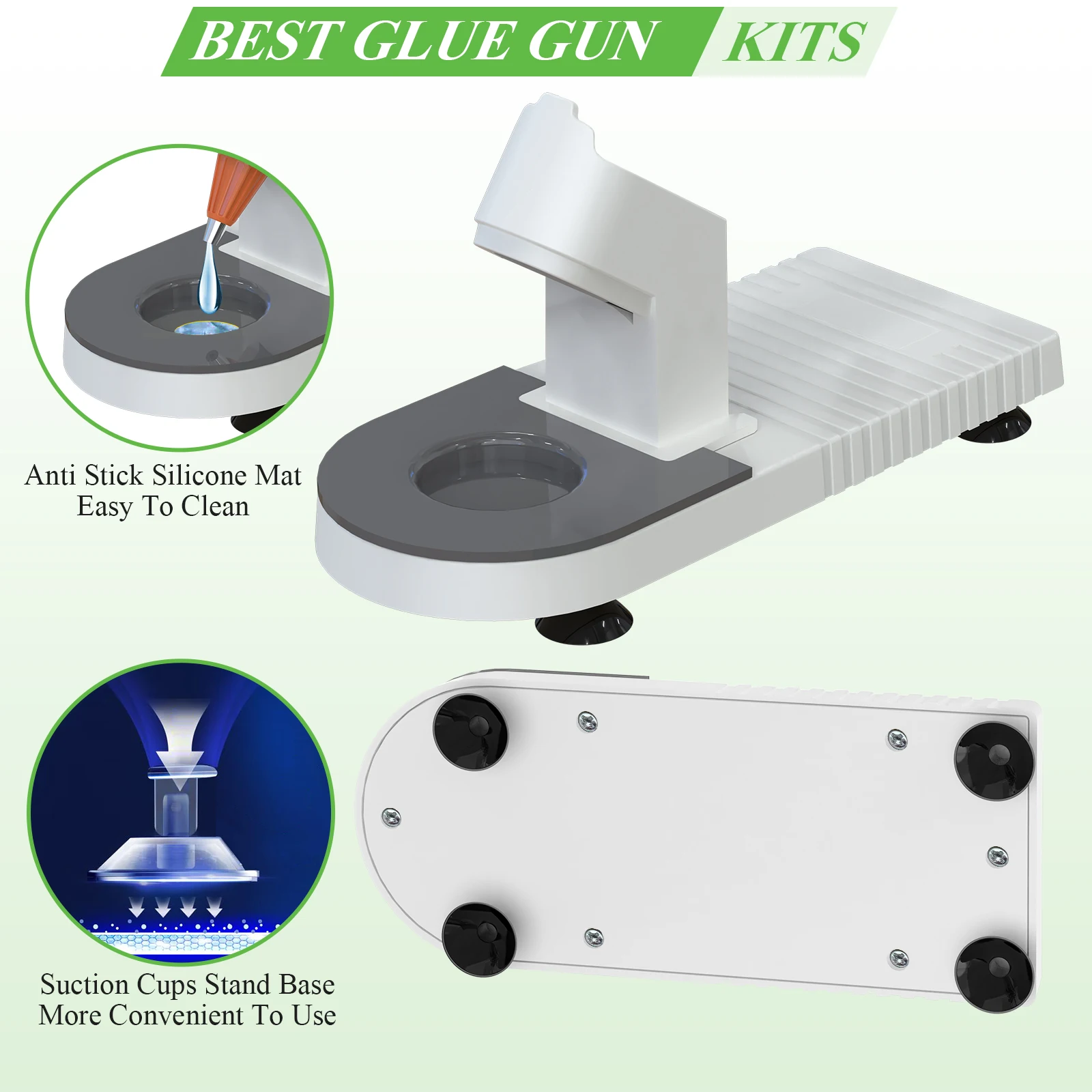 Universal Mini Hot Glue Gun Base Holder with Anti Stick Silicone Mat, Suction Cups Stand, Glue Gun Stand for most Mini Glue Gun 5
