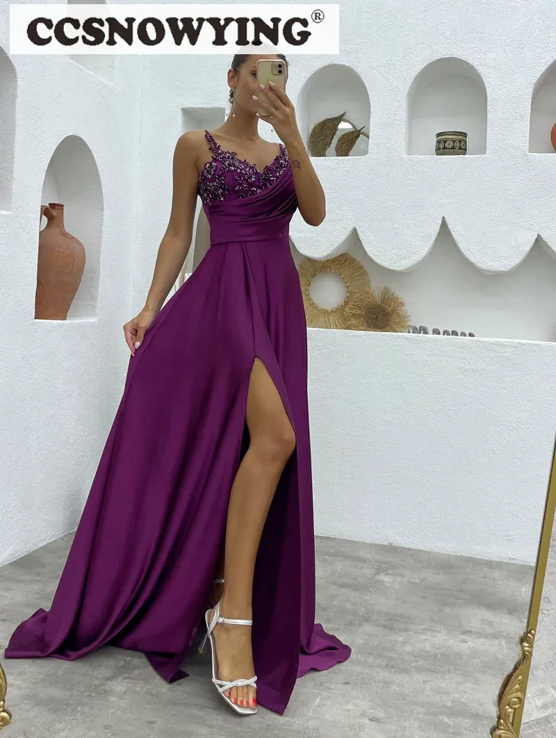 

Satin Appliques V Neck Prom Dress with Slit Spaghetti Strap Evening Dresses Sleeveless Women Formal Party Gown Robes De Soirée