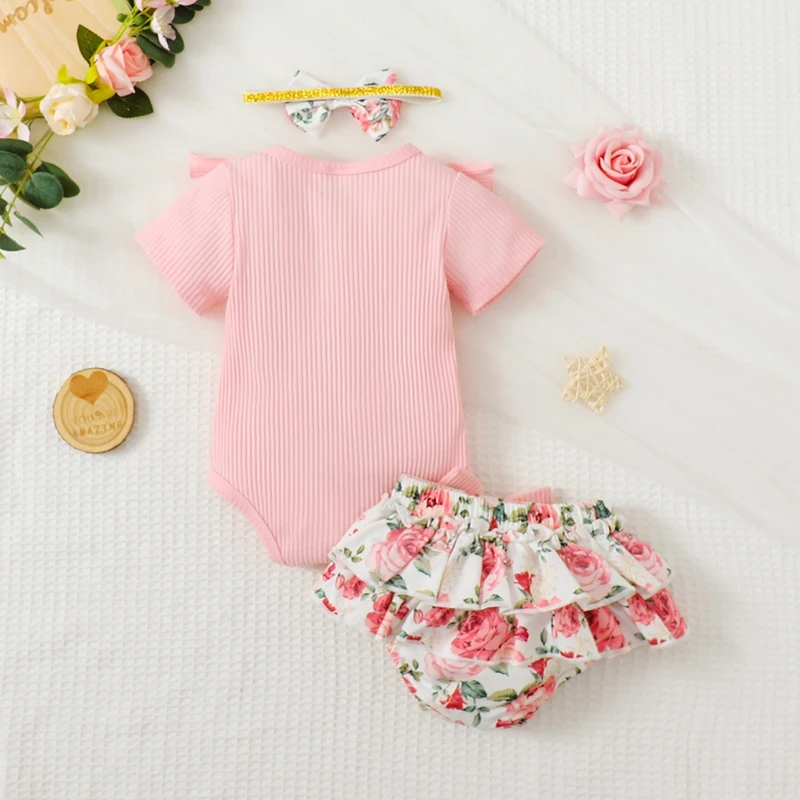 

Newborn Infant Baby Girl Clothes Mamas Girl 3PC Summer Outfit Set Ruffle Short Sleeve Romper Floral Shorts Headband