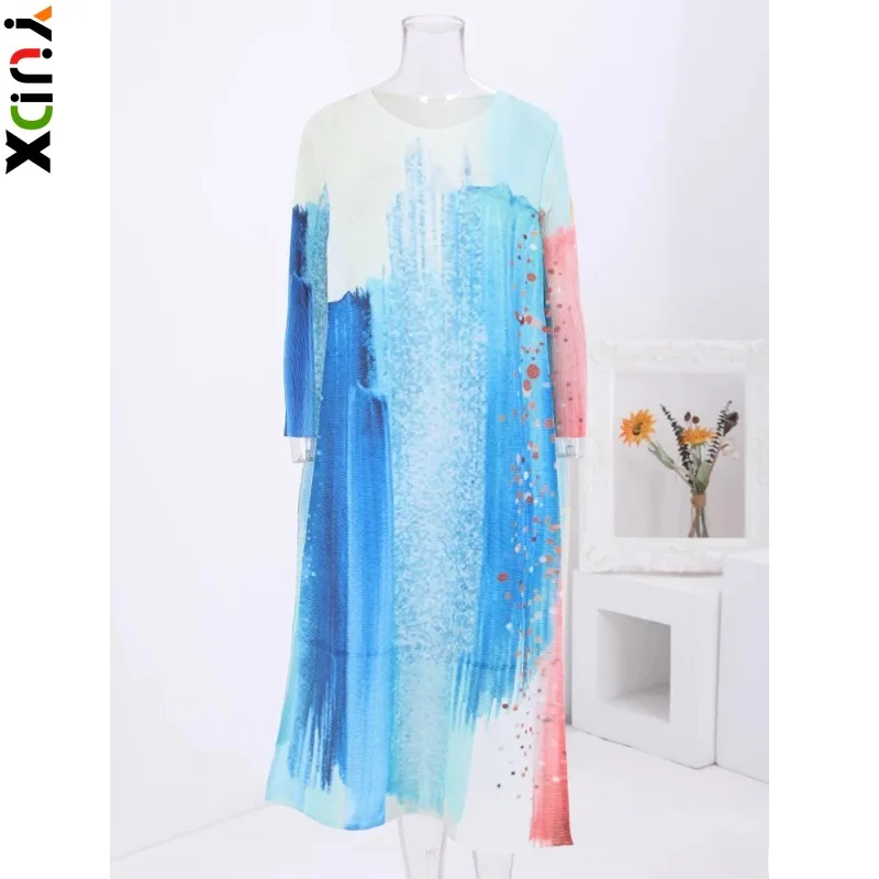 

YUDX Miyake Contrast Color Print Pleated Dress Women Sprig Fashion Round Neck Loose Mid Length Dresses 2024 New Clothing