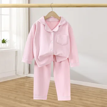 Children Cotton Underwear Set Boy Baby Clothe Girl Button Down Sleepwear Loungewear Spring Fall Kid Long Sleeve Pajama 2pcs Suit 2