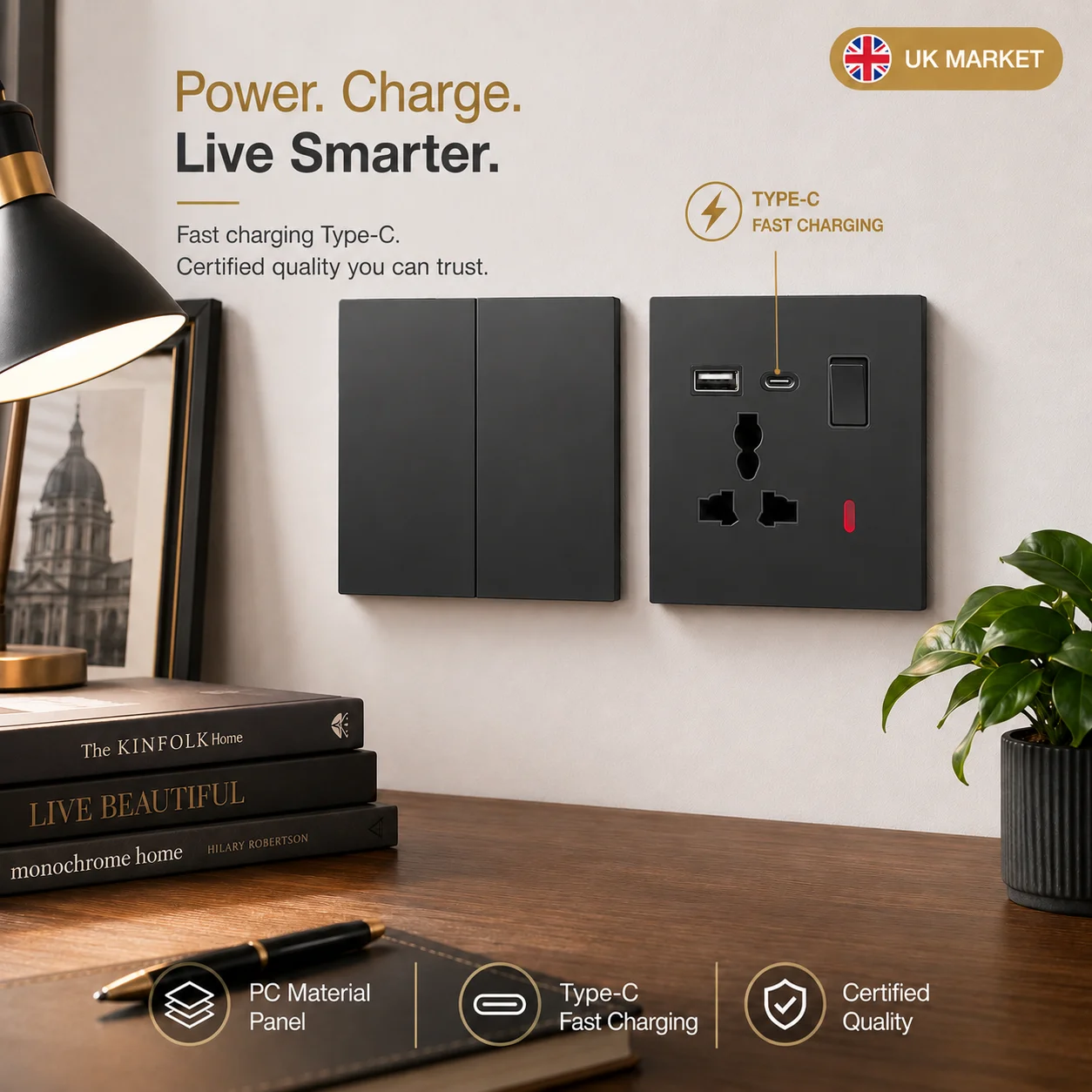 Black UK Standard Wall Socket Switch Panel Type-C 18W Fast Charging 13A Usb 3.1A Wall Socket, Universal Dual 3-pin Power Outlet