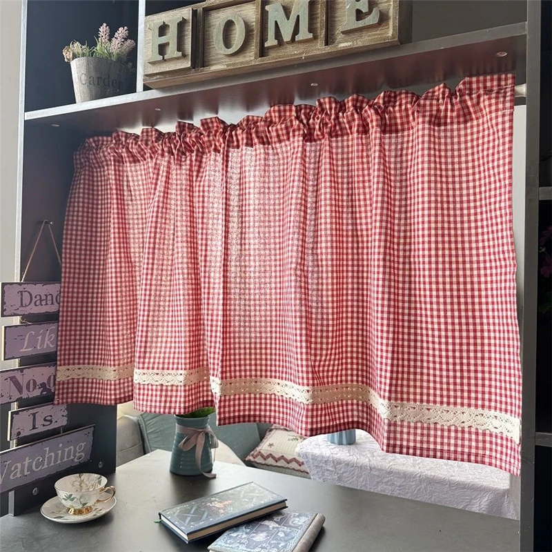 South Korea Red Plaid Short Curtains for Kitchen Japanese Lace Half Curtain Coffee Valance #A605 5