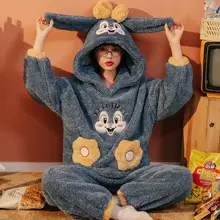 

Coral Velvet Pajamas Female Autumn Winter Lovely Princess Style Flannel Winter Thickened Plush Hooded Home Suit Pajamas Suit