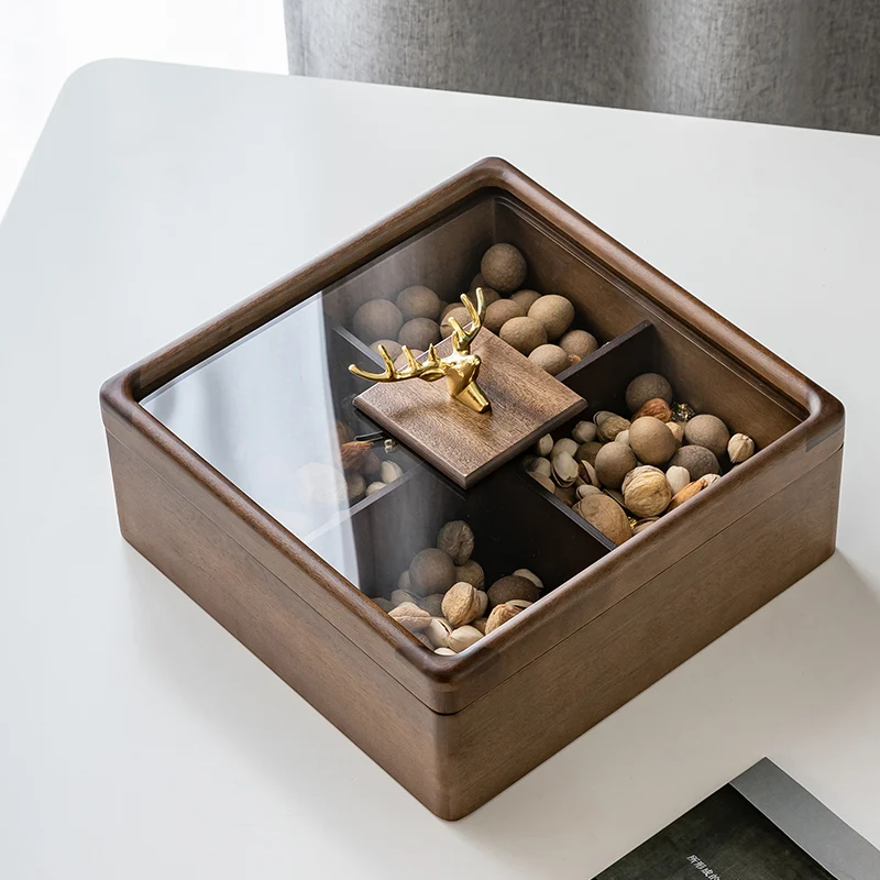 

Creative Wooden Square Snack Platter Deer Head Transparent Glass Cover Separated Dried Fruit Candy Storage Box Home Accessories