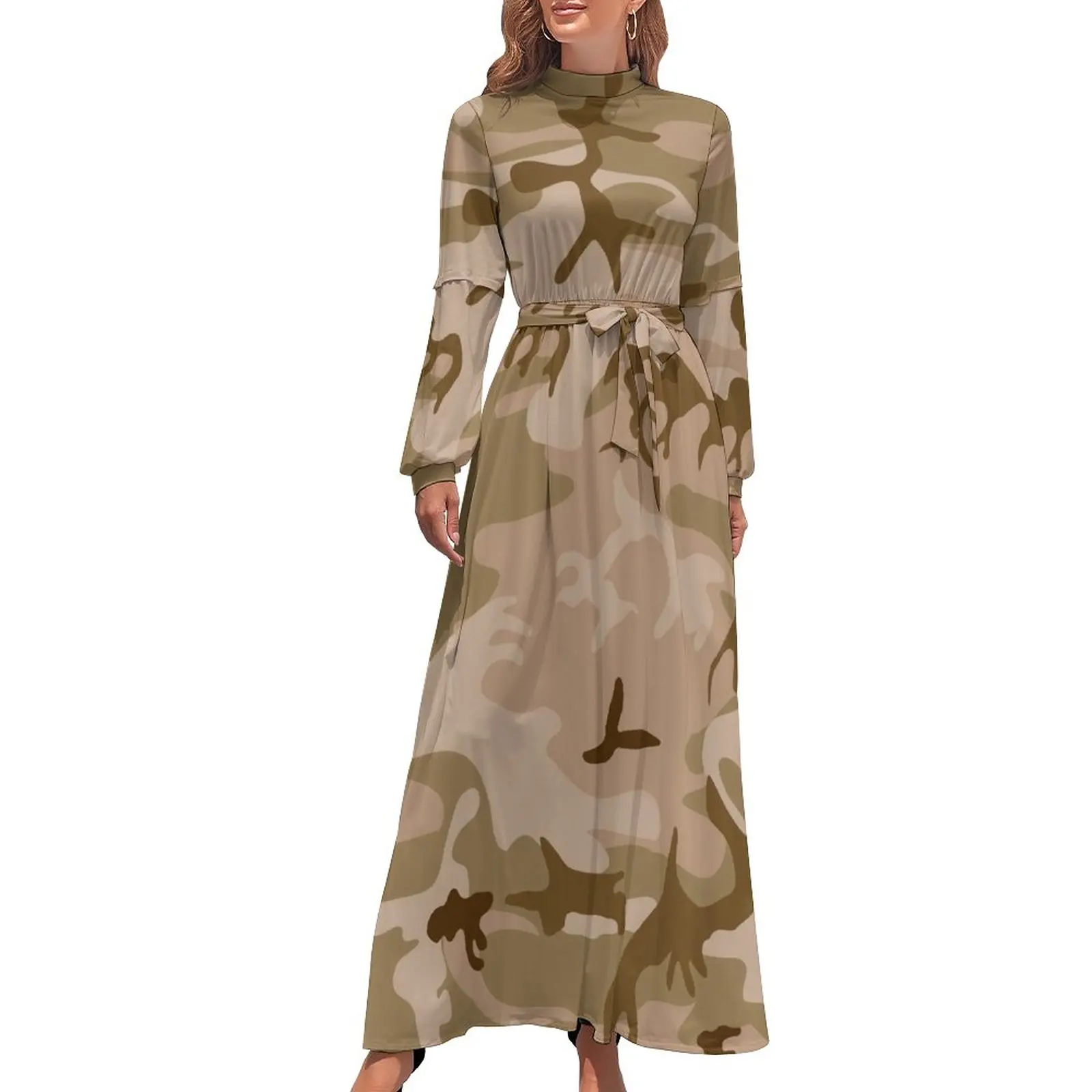 

Brown Green Camouflage Dress Desert Beige Camo Sexy Design Maxi Dress High Waist Long Sleeve Stylish Bohemia Long Dresses