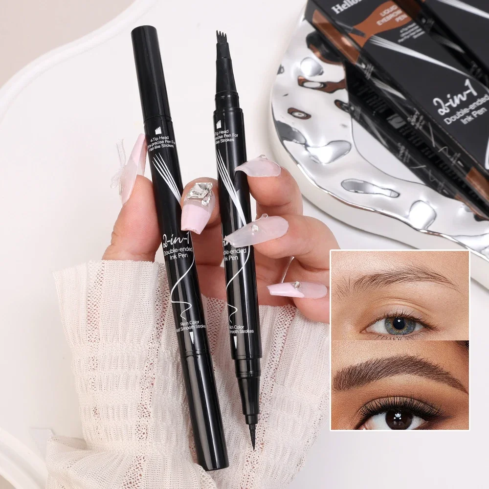 Double-headed 4 Forks Liquid Eyebrow Pencil Eyeliner Natural Black Brown No Smudging Brow Pen Long Lasting Eyes Makeup Cosmetics 3
