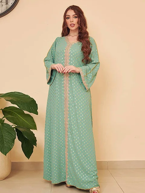 Eid Dress For Woman Elegant Polka Dot Print V Neck Floral Lace Panel Dress Modest
