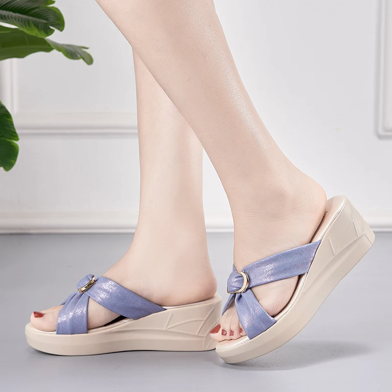 Slippers Women Summer New  2024 Wear Slope Heel  Outside Thick Bottom Fashion Leather Middle Heel Anti Slip Women'sMom Slippers