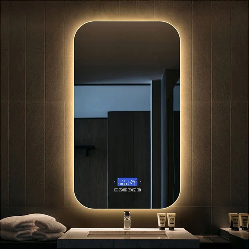 Bath LED Light Makeup Mirror Smart Touch Screen Bathroom Vanity Mirror With Bluetooth Anti-Fog Human Body Induction Function