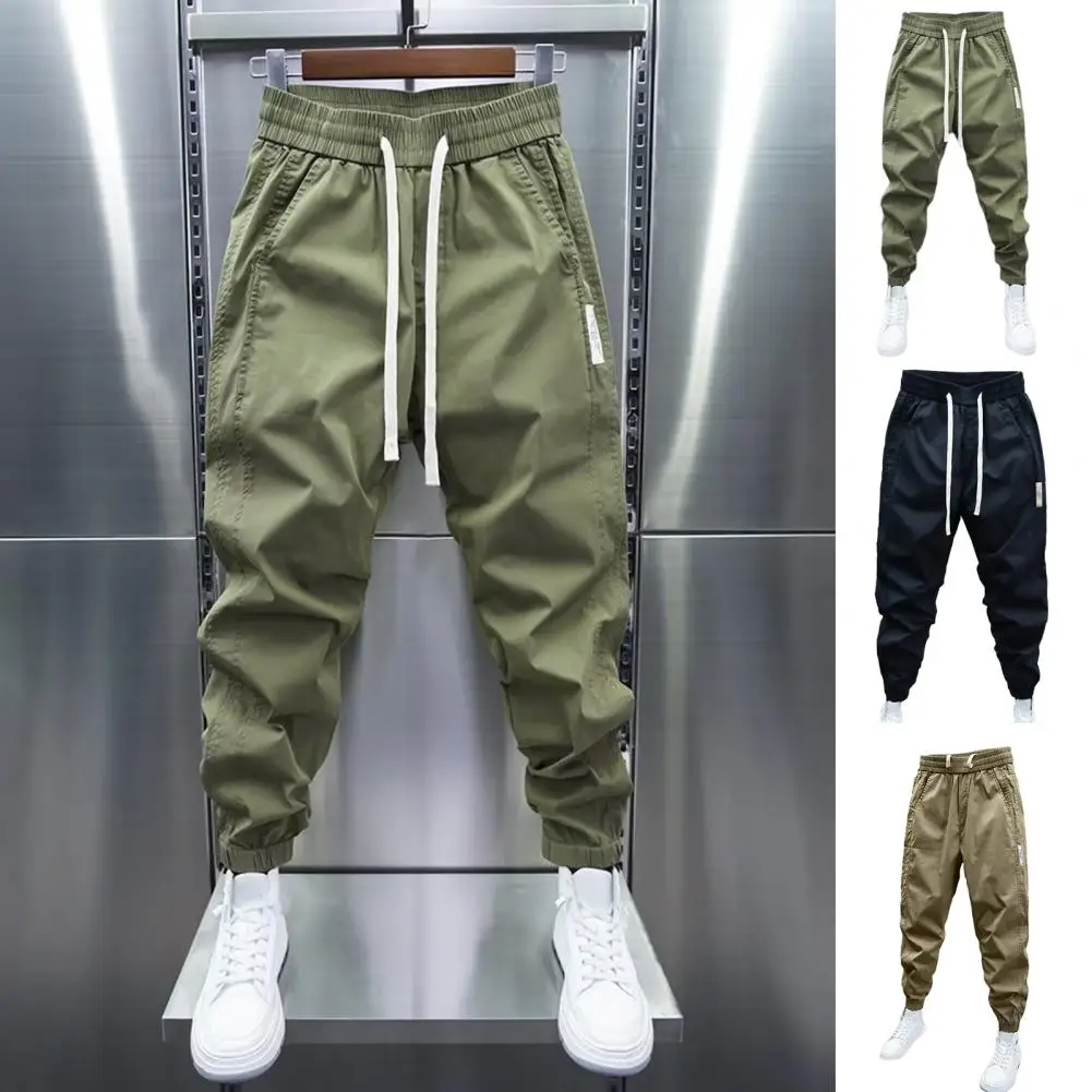 

Men Mid-rise Harem Pants Men's Drawstring Elastic Waist Pants with Pockets Soft Breathable Ankle Length Trousers for Comfort