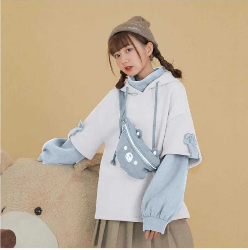 Cute Oversize Hoodie with Bear Bag Womens Autumn Patchwork Sweatshirts Pullovers Japanese Streetwear Aesthetic Hoodies Y2k