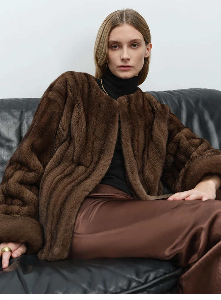 Lautaro Autumn Winter Short Luxury Elegant Thick Warm Soft Brown Faux Mink Fur Coat Women Long Sleeve Modern Chic Fluffy Jacket