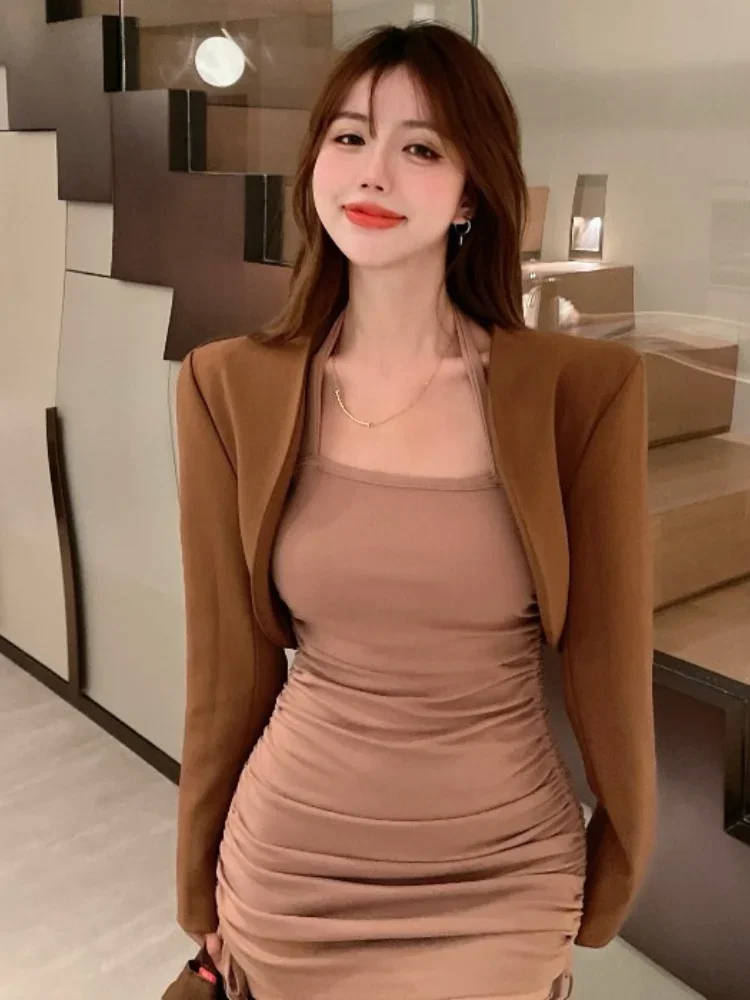 Woherb 2025 Ropa Mujer 여성용 자켓 우아한 여성용 탑 세련된 솔리드 크롭 탑 o 넥 긴 소매 한국 튜닉 빈티지 코트