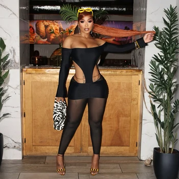 CUTENOVA Women Fall New Arrival Sexy Off-Shoulder Backless Long Sleeve Mesh See Through Bodycon Jumpsuit With Hollow Out Waist 1