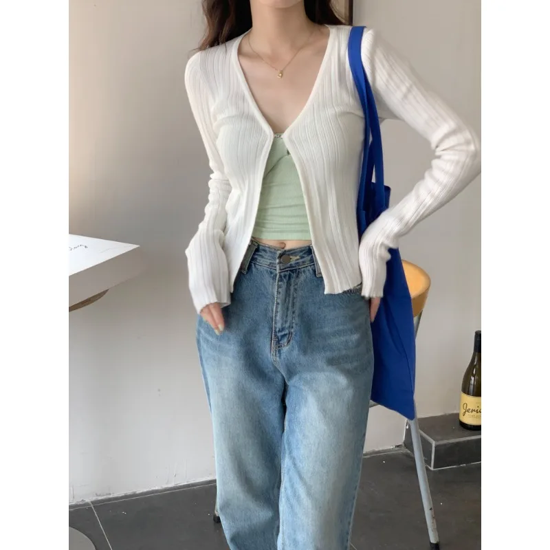 PPHOME een V-Ne Long Sve Knitted Open Cardigan Women's Slim Fit Casual Sle Autumn Early Thin Single Button Ladies Sw...