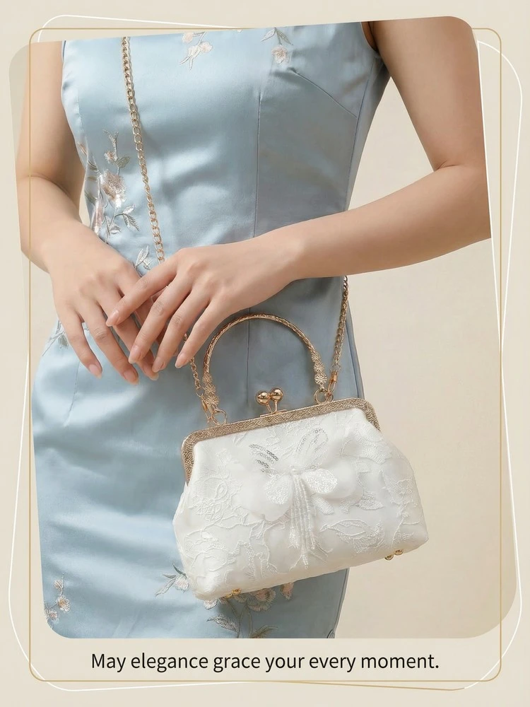 Chinese Style Butterfly Embroidery Clutch Vintage Lace Kiss Lock Handbag Elegant Evening Bag with Gold Chain for Women