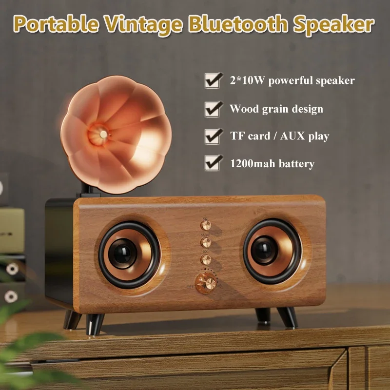Altoparlante Bluetooth Retrò Portatile Vintage Wood Grain Heavy Bass Bluetooth Soundbar Wireless Mp3 Music Player Support Tf Card Aux