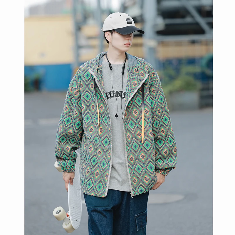 

bomber jacket men Argyle pattern Cardigan Techwear Zipper long sleeves hooded coat Collage tops Japanese Harajuku Streetwear