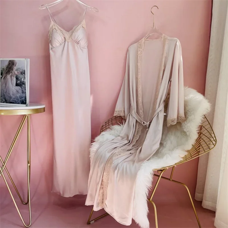Female Long Robe Nightgown Set Sexy Lace Trim Sleepwear Suspender Nightdress Spring Summer Casual Satin Home Dress Bathrobe women sleepwear women dress