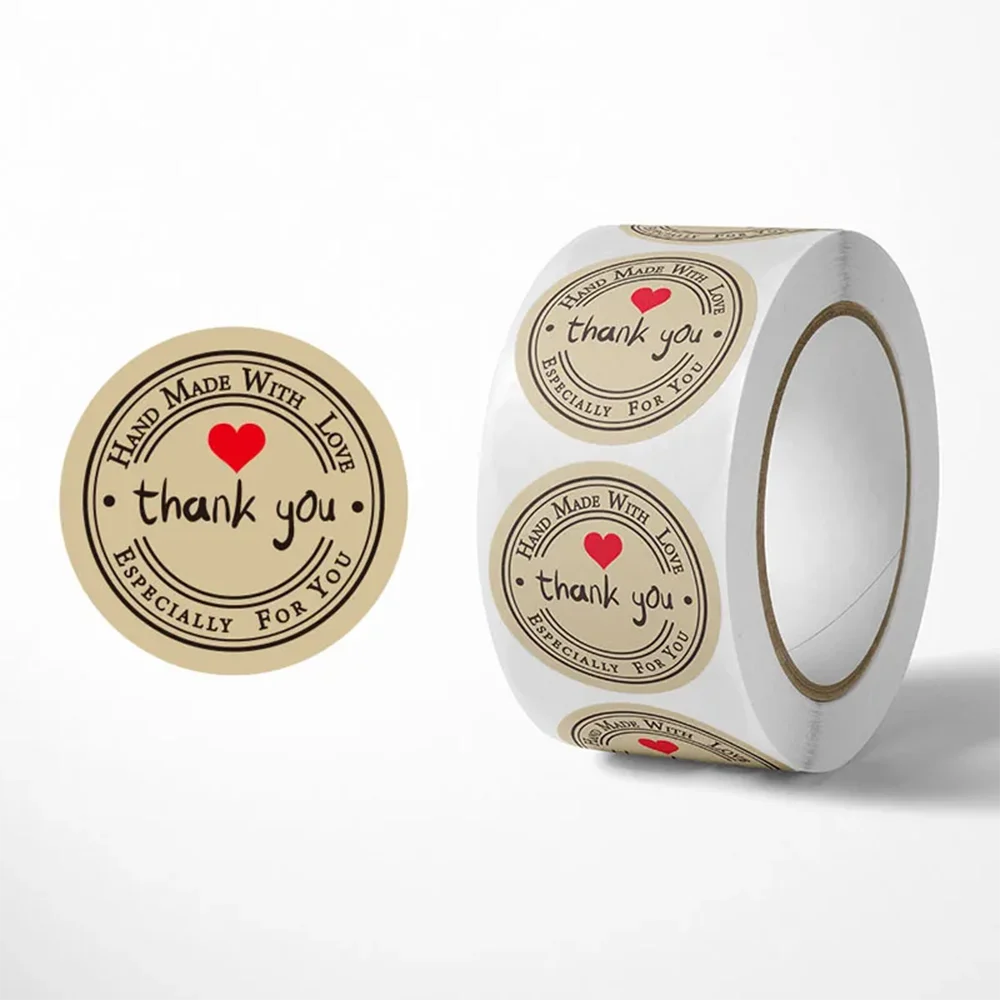Kraft Paper Stickers Thank You Stickers 500pcs/roll Kraft Paper Handmade With Love Thank You Stickers DlY Decoration Label Gifts Baking Sealing