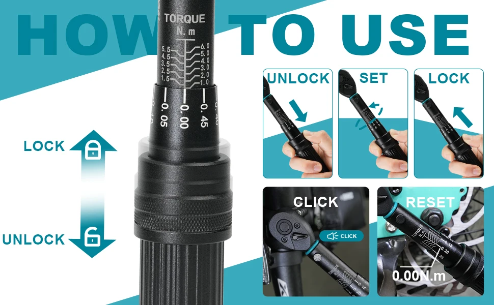 Description Picture 3 of itemLIBRATON Bike Torque Wrench 1/4'' 1-6Nm, 0.05 Nm Micro, Drive Click Torque Wrench Set, Hex, Torx/Star Bit Sockets, Extension Bar