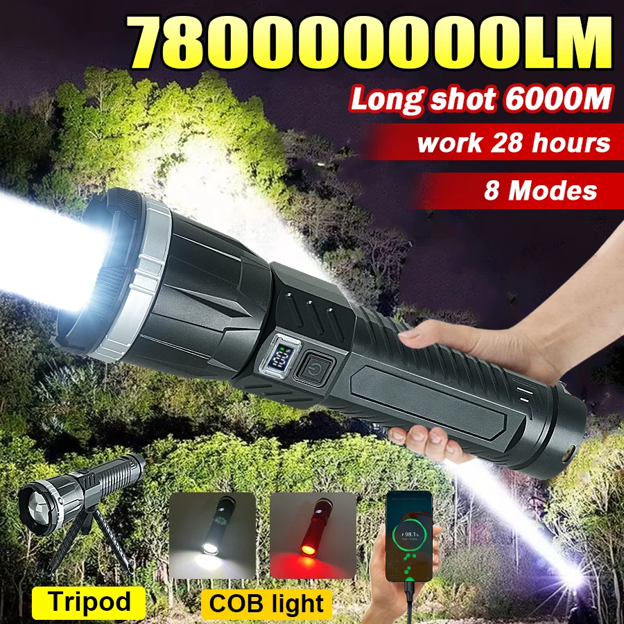 780000000LM Super Powerful Flashlight Rechargeable LED Tactical Torch Ultra Bright Long Range 6000M Lantern Outdoor With Stand