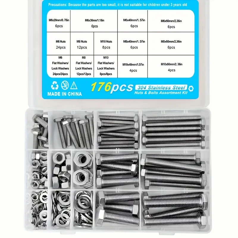 M6 M8 M10 Heavy Duty Bolts And Nuts Assortment Kit 304 Stainless Steel Includes 8 Most Common Sizes screw bolt nut set hex nuts assortment kit