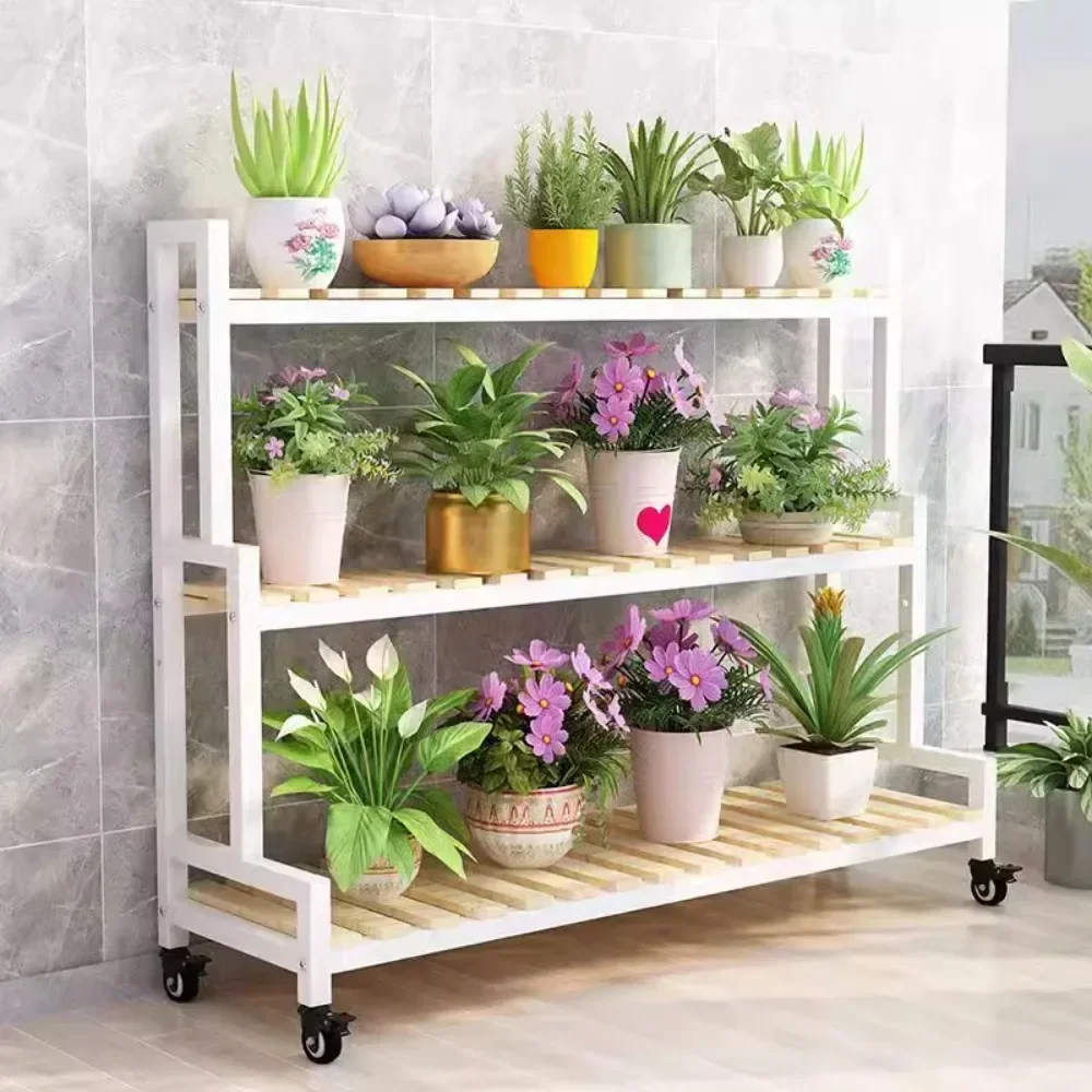 Flower Rack Indoor Floor Standing Multi-Storey plant stand wooden flower shelf With Wheels Adjustable Outdoor Multi Functional Balcony Storage Rack