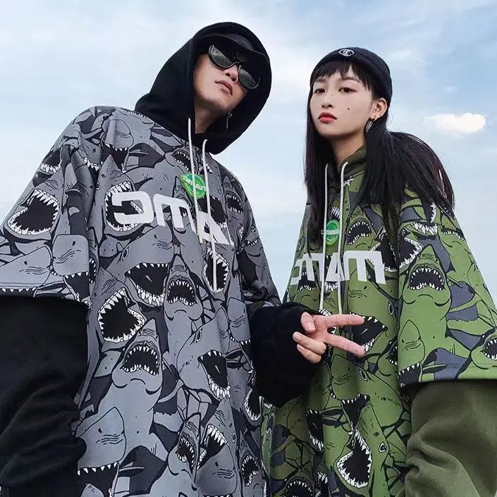 High Quality Hip Hop Street Shark Allprint Hoodies Loose Couples Pullover Sweatshirts Y2k Women Zip Up Hoodie Goth Streetwear