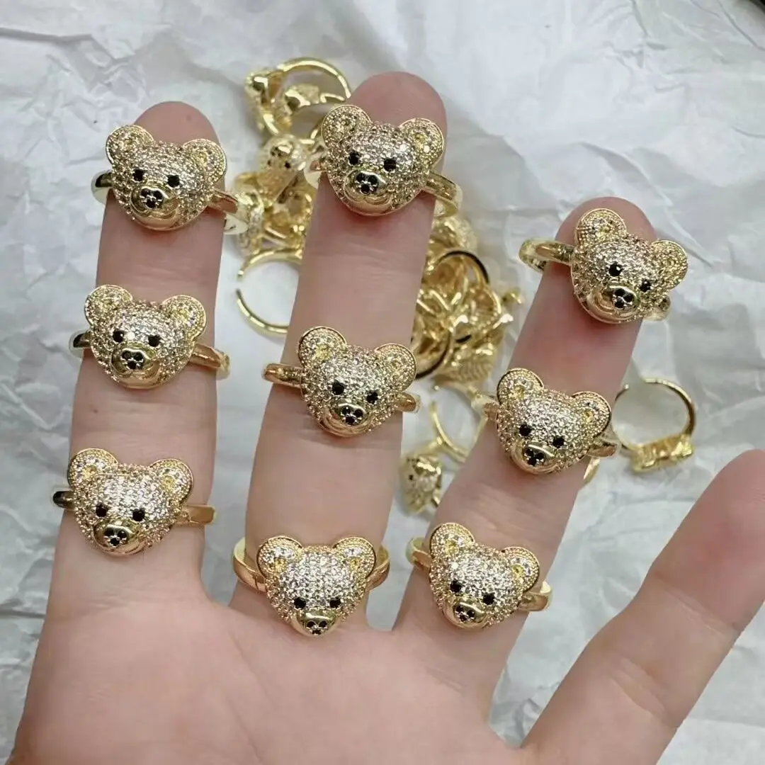 

10Pcs Simple Micro Pave Zircon Bear Head Rings 18k Gold Plated Animal Bear Rings For Women Girls Teens Fashion Jewelry