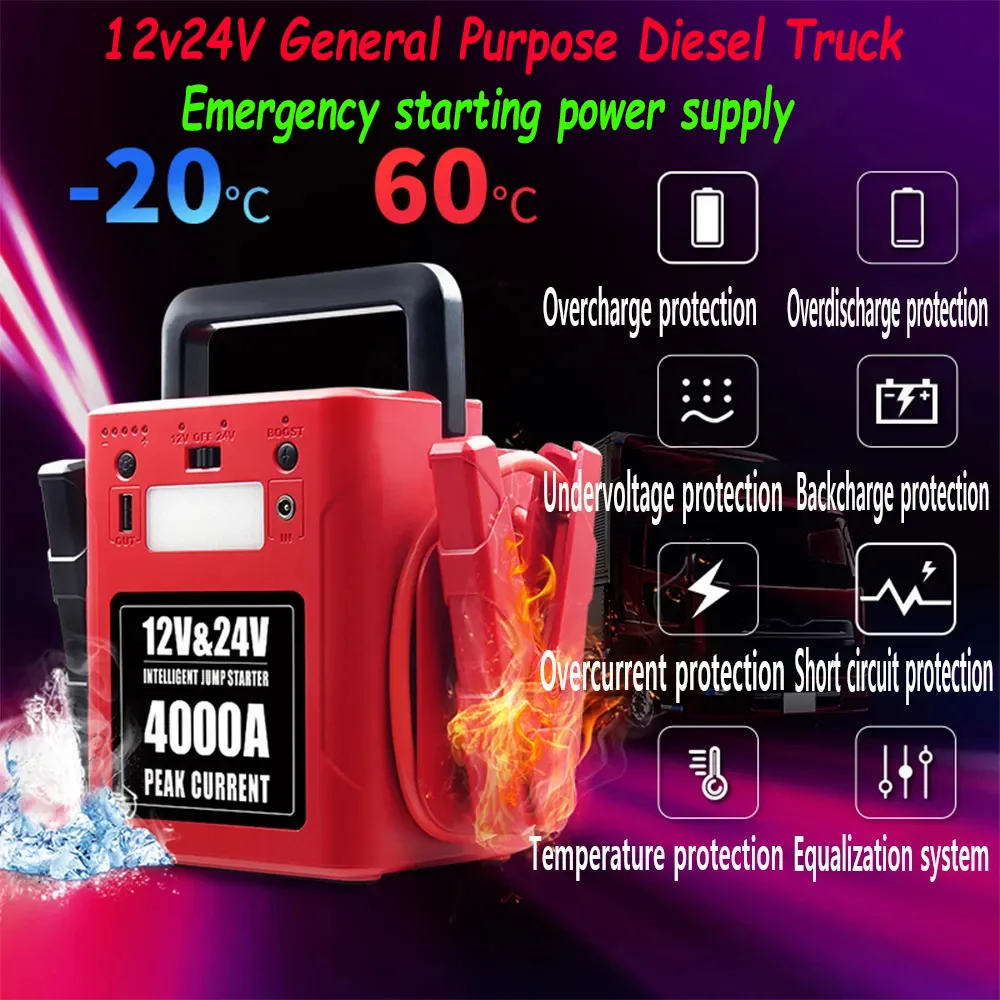 Car Jump Starter Jump Starter Car Battery Charger Portable Battery Charger 24V Truck Booster 4000A 12V Petrol Diesel 56000mah