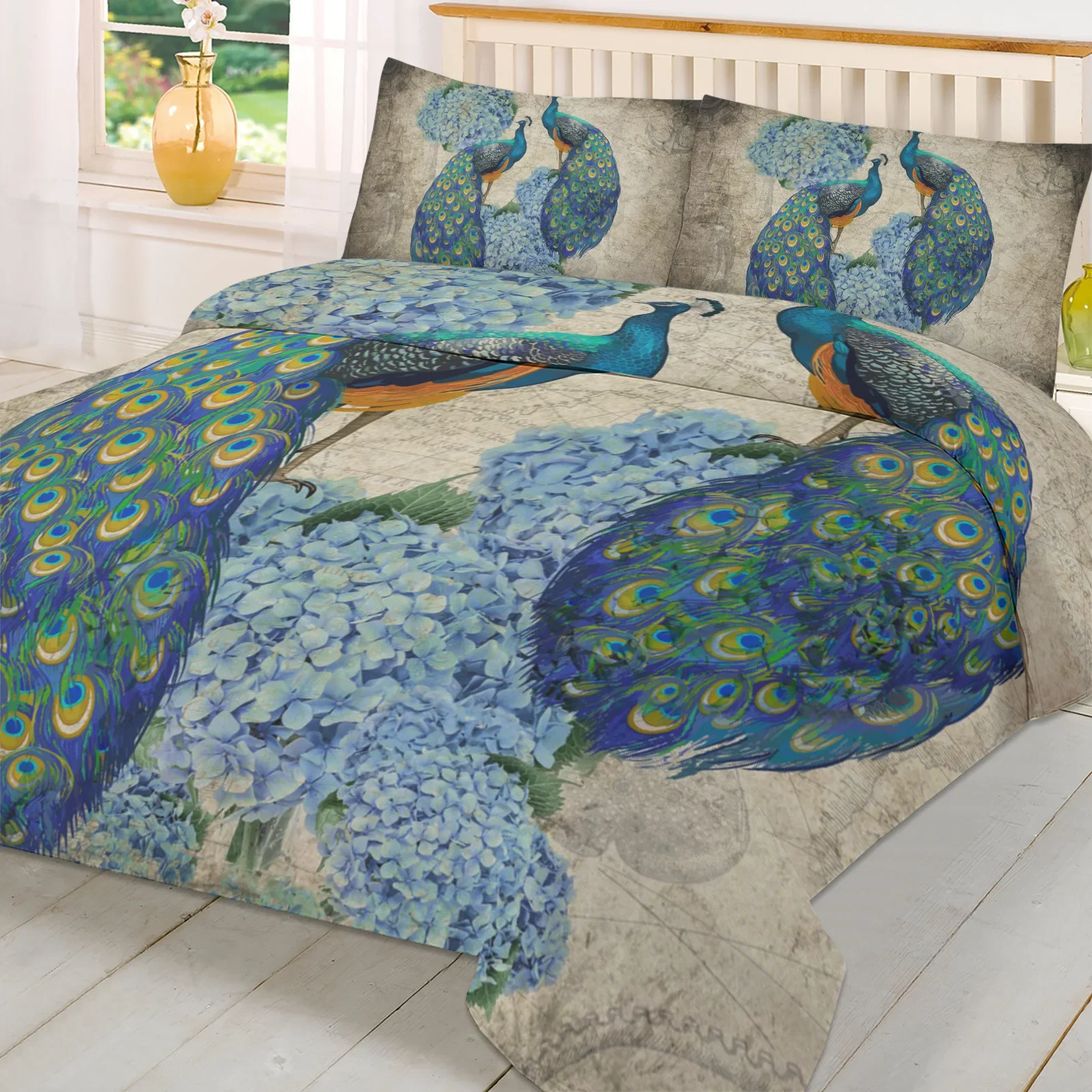 Peacock Flower Hydrangea Retro Duvet Cover With Pillow Case Custom 3pcs Bedding Set Quilt Cover Double Bed Home Textile