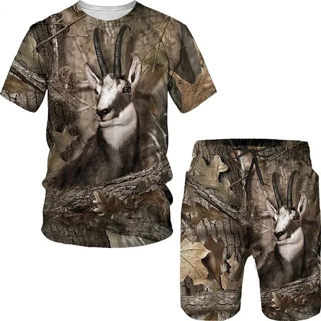 thumbnail image 1 of Conjunto de camiseta de caza con estampado 3D de camuflaje de jabalí, chándal elegante de cuello redondo para hombre, jersey de gran tamaño y pantalones cortos de playa, 1 of 4