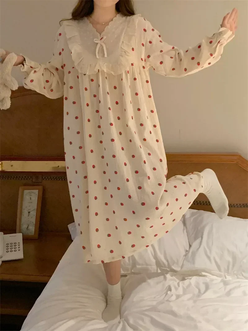 

Casual Sleepdress Home Sleeve Ruffle Comfortable Print Women Nightdress Long Cotton Soft Nightgown Strawberry Princess