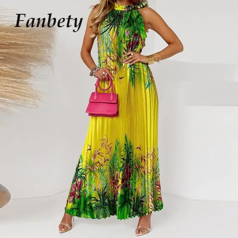 

Women Fashion Sleeveless Print Boho Dress Elegant Simple Holiday Party Dress Vestido Sexy Loose Summer Halter Pleated Maxi Dress