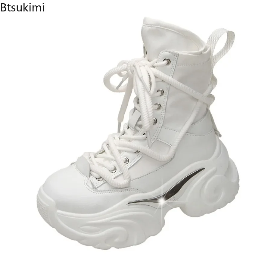 New 2024 Women's Chunky Platform Motorcycle Boots Women Solid Lace Up Thick Bottom Shoes Woman Autumn Winter Punk Ankle Booties
