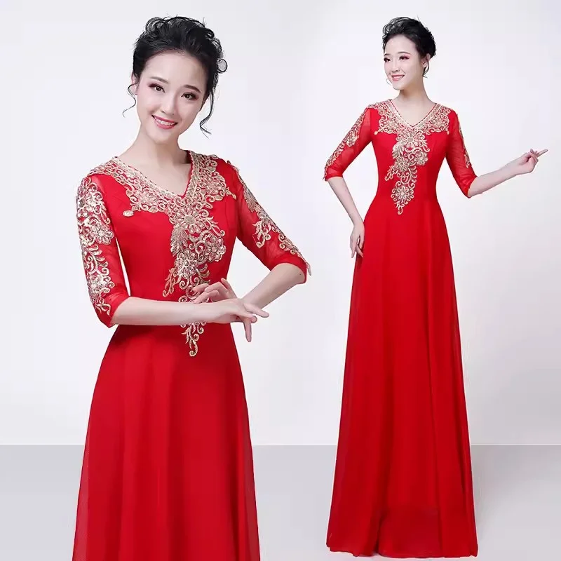 Embroidery Dress Female adult college choir conductor long Dress Solo Dress Middle-Aged and Elderly Female Clothing Dresses Red