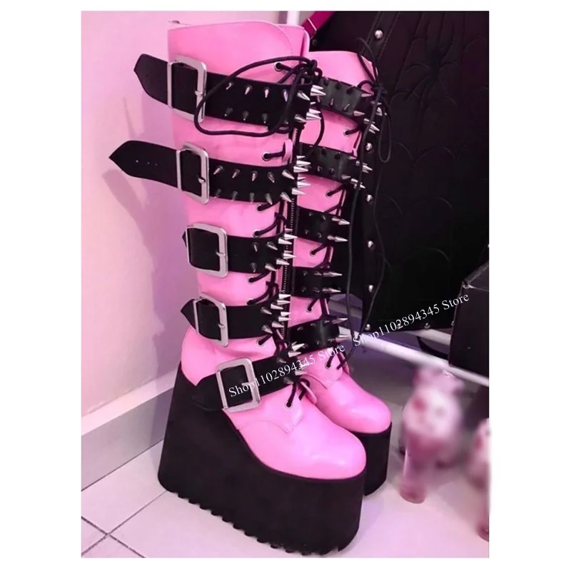 

Pink Wedge Platform Rivet Buckle Knee High Boots Lace Up Leather Fashionable Sexy Winter Big Size Woman Shoes Zapatillas Mujer