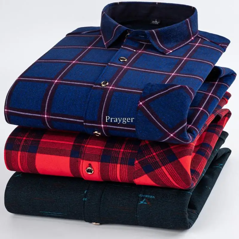 Men Fleece Shirts Thermal Underwear Plaid Winter Tops Warm Body Clothes